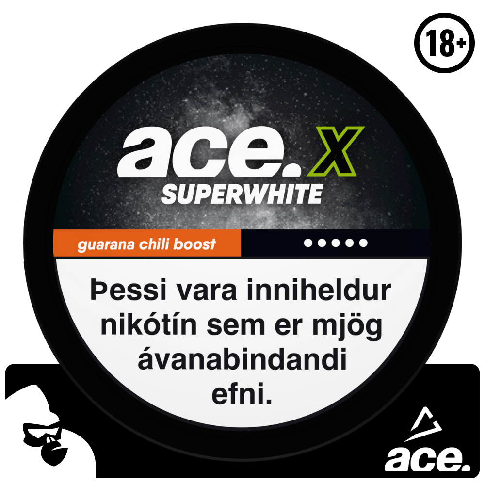 ACE X Guarana Chili Boost nikótínpúðarnir koma frá Ministry of Snus. Púðarnir eru Guarana og Chili bragði. Þessir tóbakslausu púðar eru með háu nikótín innihaldi og hentar fyrir þá sem vilja hætta mikilli tóbaksneyslu. Nettó þyngd: 16,6 g Nettó þyngd púða: 0.6 g Nikótín magn: 12 mg/g Fjöldi púða í dós: 24 stk