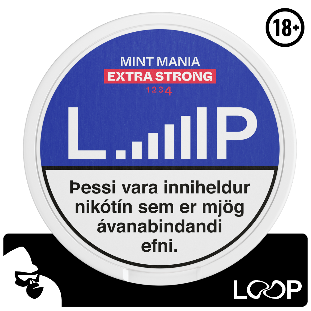 LOOP Mint Mania Extra Strong púðarnir eru með háu nikótín innihaldi, sem gerir þá tilvalda fyrir þá sem vilja hætta mikilli tóbaksneyslu. Púðarnir skila endingargóðum keim af ískaldri myntu. Framleiðandi: Another Snus Factory  Loop notar RushTM tæknina sem tryggir hraða en langvarandi nikótínupptöku.  Nettó þyngd: 12,5 g Nettó þyngd: púða: 0,625 g Nikótín magn: 20 mg/g Nikótín magn per púða: 12,5 mg Fjöldi púða í dós: 20 stk