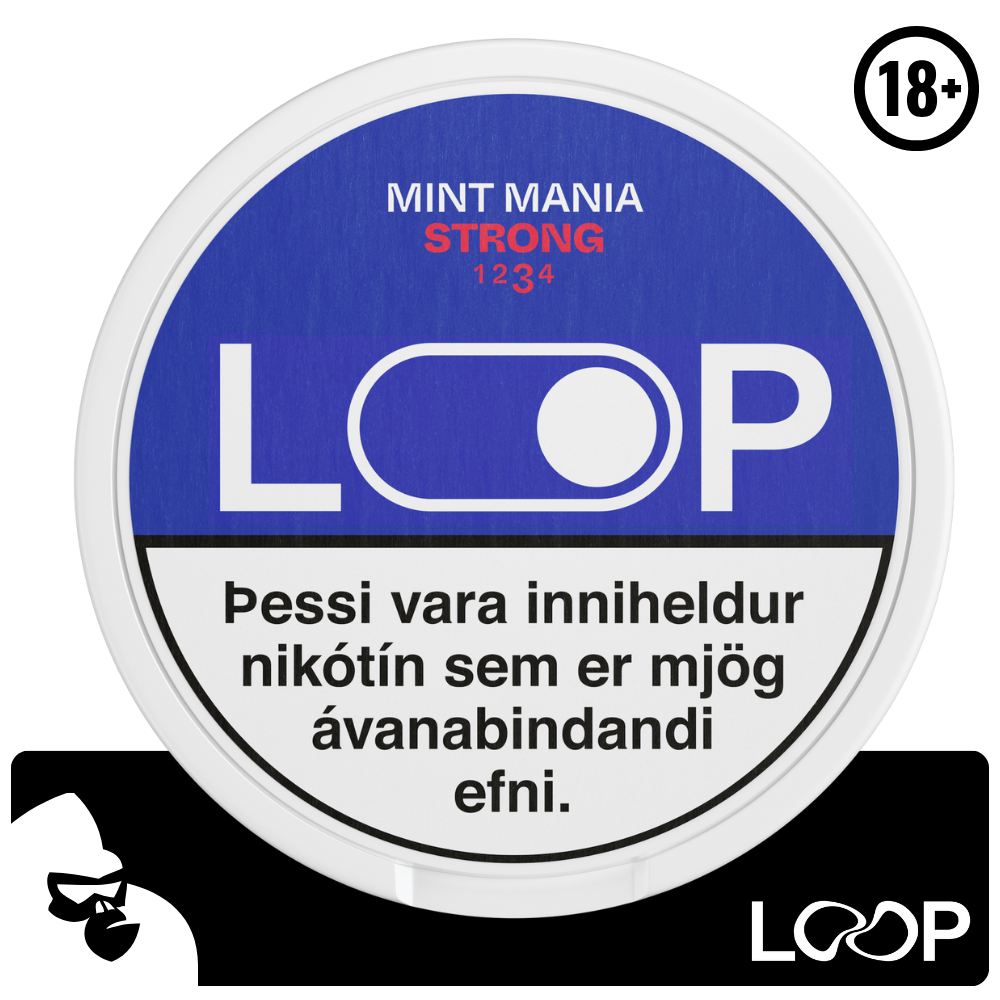 LOOP Mint Mania Extra Strong púðarnir eru með háu nikótín innihaldi, sem gerir þá tilvalda fyrir þá sem vilja hætta mikilli tóbaksneyslu. Púðarnir skila endingargóðum keim af ískaldri myntu. Framleiðandi: Another Snus Factory Loop notar RushTM tæknina sem tryggir hraða en langvarandi nikótínupptöku. Nettó þyngd: 12,5 g Nettó þyngd: púða: 0,625 g Nikótín magn: 20 mg/g Nikótín magn per púða: 12,5 mg Fjöldi púða í dós: 20 stk