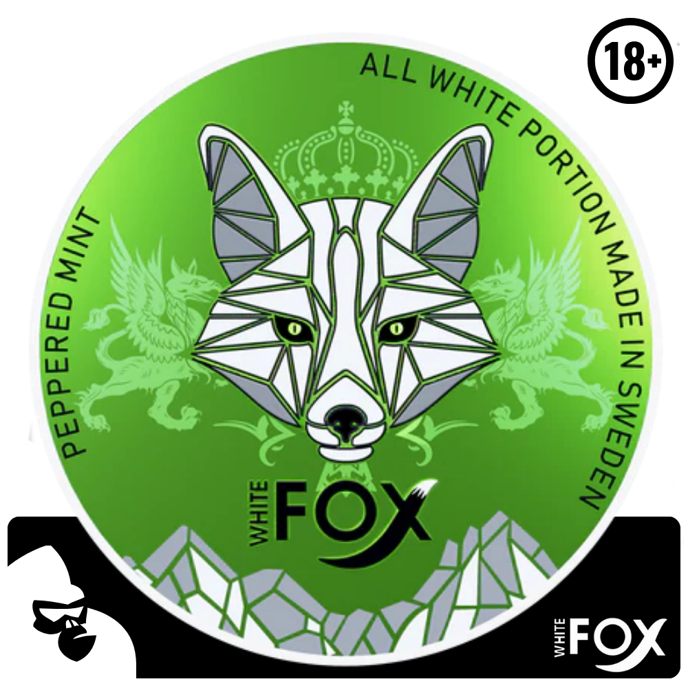 White Fox Peppered Mint nikótínpúðar eru mjóir. Púðarnir eru einstaklega mjúkir. Brennandi svarti piparinn gefur bragð sem er bæði heitt, kryddað í senn og með róandi piparmyntuáferð.  Blanda af heitu og köldu.  Það sem einkennir þessa púða einnig er að þeir leka afar lítið sem er mikill kostur og frábrugðið sambærilegum vörum. Hröð og jöfn nikótín upptaka.  Púðarnir eru 100% tóbakslausir og einungis ætlaðir 18 ára og eldri.  Nettó þyngd: 15 g Nikótín magn: 16 mg/g Fjöldi púða í dós: 20