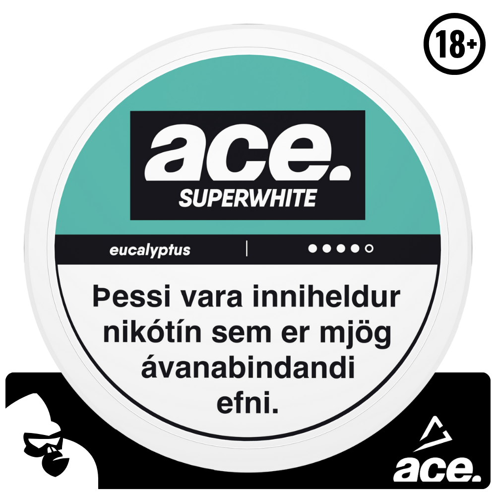 ACE Eucalyptus nikótínpúðarnir koma frá Ministry of Snus. Púðarnir eru með sætu Eucalyptus bragði. Þessir tóbakslausu púðar eru með háu nikótín innihaldi og hentar fyrir þá sem vilja hætta mikilli tóbaksneyslu. Nettó þyngd: 16 g Nettó þyngd púða: 0.65 g Nikótín per púði: 10,4 mg/g Nikótín mg/g: 13 Fjöldi púða í dós: 20 stk