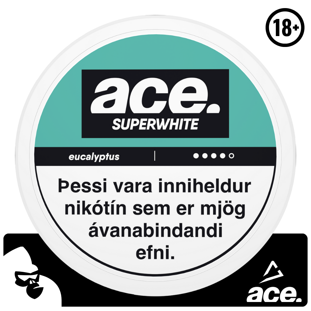 ACE Eucalyptus nikótínpúðarnir koma frá Ministry of Snus. Púðarnir eru með sætu Eucalyptus bragði. Þessir tóbakslausu púðar eru með háu nikótín innihaldi og hentar fyrir þá sem vilja hætta mikilli tóbaksneyslu.  Nettó þyngd: 16 g Nettó þyngd púða: 0.65 g Nikótín per púði: 10,4 mg/g Nikótín mg/g: 13 Fjöldi púða í dós: 20 stk