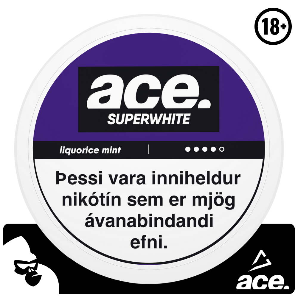 ACE Lakkrís nikótínpúðarnir koma frá Ministry of Snus. Púðarnir eru með lakkrís- og myntubragði. Þessir tóbakslausu púðar eru með háu nikótín innihaldi og hentar fyrir þá sem vilja hætta mikilli tóbaksneyslu. Nettó þyngd: 12 g Nettó þyngd púða: 0,5 g Nikótín magn: 16 mg/g Fjöldi púða í dós: 20 stk