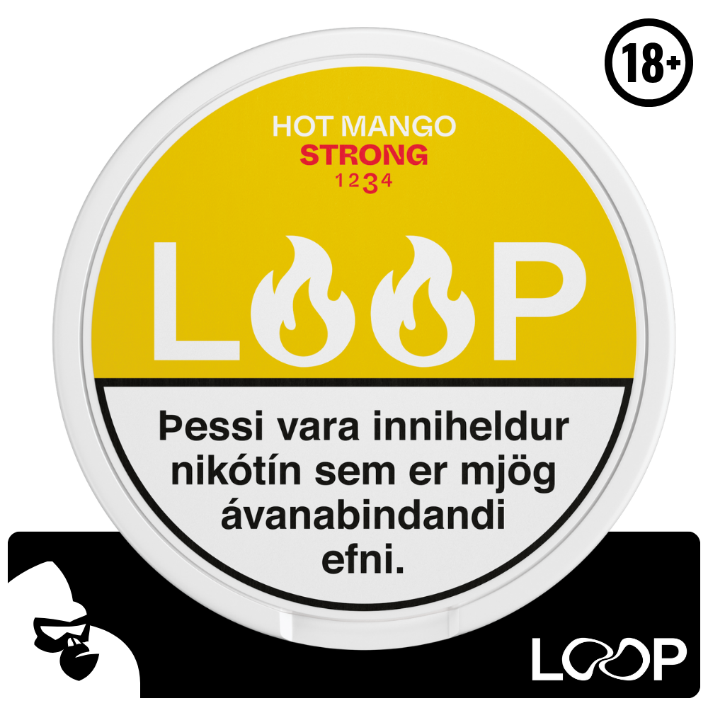 LOOP Mango Tango Strong púðarnir eru með háu nikótín innihaldi, sem gerir þá tilvalda fyrir þá sem vilja hætta mikilli tóbaksneyslu. Framleiðandi: Another Snus Factory Loop notar RushTM tæknina sem tryggir hraða en langvarandi nikótínupptöku. Bragð: Mangó, lime og chili. Nettó þyngd: 12,5 g Nettó þyngd: púða: 0,625 g Nikótín magn: 15 mg/g Nikótín magn per púða:9,375 mg Fjöldi púða í dós: 20 stk