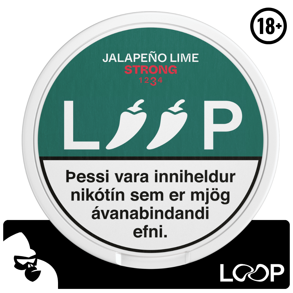 LOOP Jalapeño Lime Strong púðarnir eru með háu nikótín innihaldi. Bragð: Sterkur grænn chilipipar í bland við ferskt limebragð. Framleiðandi: Another Snus Factory Loop notar RushTM tæknina sem tryggir hraða en langvarandi nikótínupptöku. Loop eru fyrstir á markað með umhverfisvænar dósir, unnar úr plöntutrefjum og endurvinnanlegu plasti. Nettó þyngd: 12,5 g Nettó þyngd: púða: 0,625 g Nikótín magn: 15 mg/g Nikótín magn per púða: 9,375 mg Fjöldi púða í dós: 20 stk