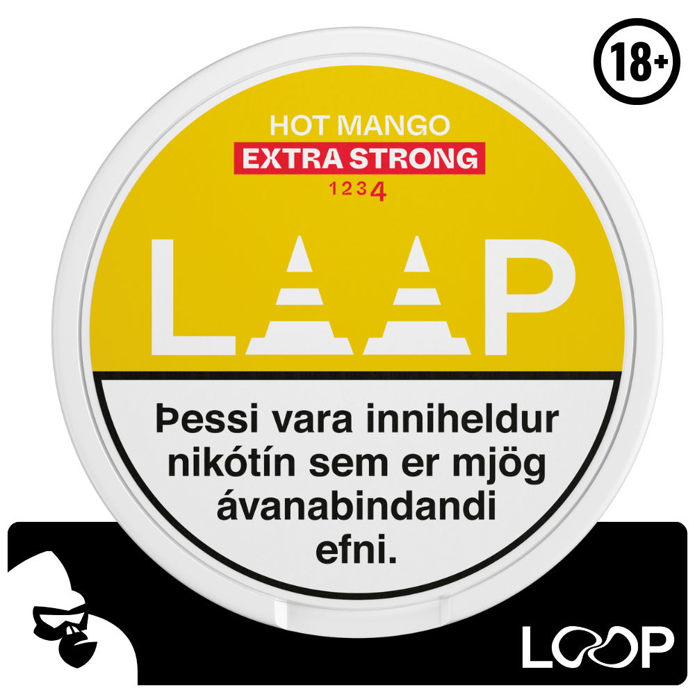 LOOP Mango Tango Extra Strong púðarnir eru með háu nikótín innihaldi, sem gerir þá tilvalda fyrir þá sem vilja hætta mikilli tóbaksneyslu. Framleiðandi: Another Snus Factory LOOP Mango Tango notar RushTM tæknina sem tryggir hraða en langvarandi nikótínupptöku. Bragð: Mangó, lime og chili. Nettó þyngd: 12,5 g Nettó þyngd: púða: 0,625 g Nikótín magn: 20 mg/g Nikótín magn per púða:9,375 mg Fjöldi púða í dós: 20 stk