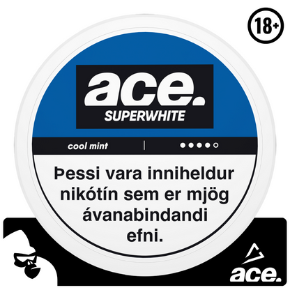 ACE Cool Mint nikótínpúðarnir koma frá Ministry of Snus. Púðarnir eru með ísköldu piparmintu bragði. Þessir tóbakslausu púðar eru með háu nikótín innihaldi og hentar fyrir þá sem vilja hætta mikilli tóbaksneyslu.  Nettó þyngd: 16 g Nettó þyngd púða: 0.65 g Nikótín per púði: 10,4 mg/g Nikótín mg/g: 13 Fjöldi púða í dós: 20 stk