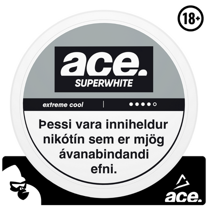 ACE Extreme Cool nikótínpúðarnir koma frá Ministry of Snus. Púðarnir eru með fersku piparmintu bragði. Þessir tóbakslausu púðar eru með háu nikótín innihaldi og hentar fyrir þá sem vilja hætta mikilli tóbaksneyslu.  Nettó þyngd: 16 g Nettó þyngd púða: 0.65 g Nikótín per púði: 10,4 mg/g Nikótín mg/g: 13 Fjöldi púða í dós: 20 stk