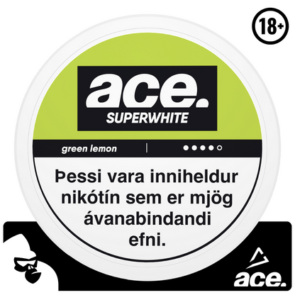 ACE green lemon nikótínpúðarnir koma frá Ministry of Snus. Púðarnir eru með sítrónubragði. Þessir tóbakslausu púðar eru með háu nikótín innihaldi og hentar fyrir þá sem vilja hætta mikilli tóbaksneyslu.   Nettó þyngd: 12 g Nettó þyngd púða: 0,5 g Nikótín magn: 16 mg/g  Fjöldi púða í dós: 20 stk