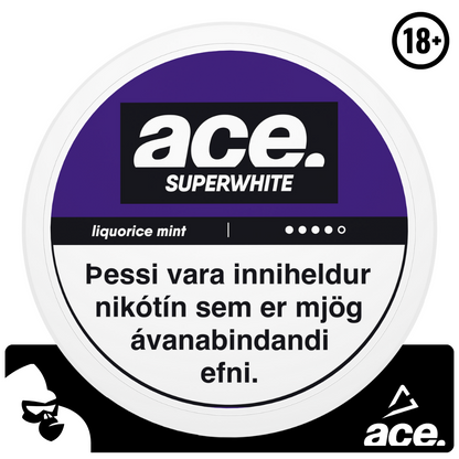 ACE Lakkrís nikótínpúðarnir koma frá Ministry of Snus. Púðarnir eru með lakkrís- og myntubragði. Þessir tóbakslausu púðar eru með háu nikótín innihaldi og hentar fyrir þá sem vilja hætta mikilli tóbaksneyslu.   Nettó þyngd: 12 g Nettó þyngd púða: 0,5 g Nikótín magn: 16 mg/g  Fjöldi púða í dós: 20 stk
