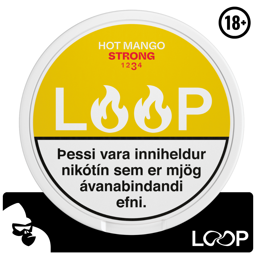 LOOP Mango Tango Strong púðarnir eru með háu nikótín innihaldi, sem gerir þá tilvalda fyrir þá sem vilja hætta mikilli tóbaksneyslu. Framleiðandi: Another Snus Factory  Loop notar RushTM tæknina sem tryggir hraða en langvarandi nikótínupptöku.  Bragð: Mangó, lime og chili. Nettó þyngd: 12,5 g Nettó þyngd: púða: 0,625 g Nikótín magn: 15 mg/g Nikótín magn per púða:9,375 mg Fjöldi púða í dós: 20 stk